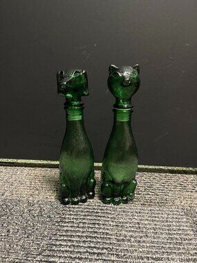 Mid-Century Empoli Emerald Glass Dog & Cat Decanter Set